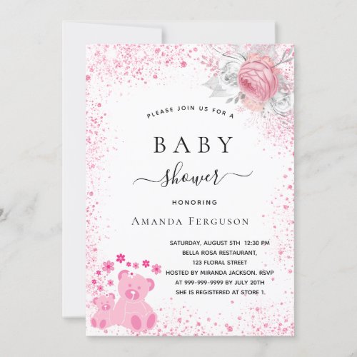 Baby shower pink teddy bear girl floral glitter  invitation