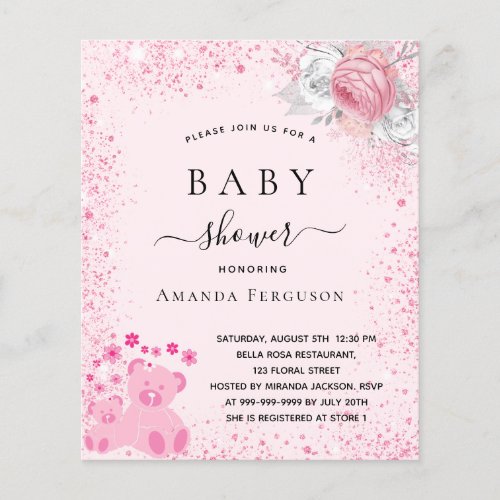 Baby shower pink teddy bear girl floral invitation