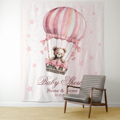 Baby Shower Pink Teddy Bear Hot Air Balloon Party Tapestry