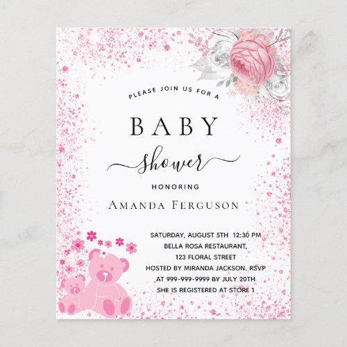 Baby shower pink teddy girl floral invitation