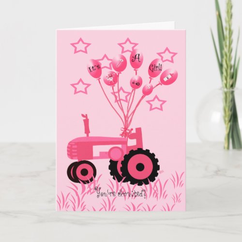 Baby Shower Pink Tractor with Balloons Invitation