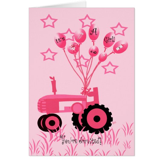 Baby Shower Pink Tractor with Balloons Invitation