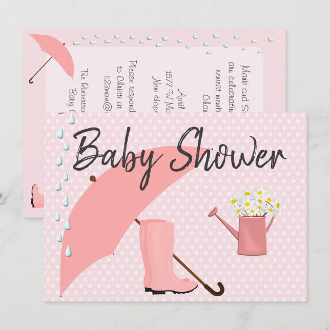 Baby Shower Pink Umbrella and Rain Boots Invitation (Front/Back)