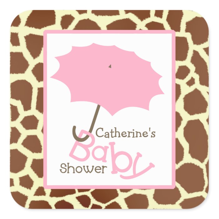 Baby Shower Pink Umbrella & Giraffe Print Square Sticker