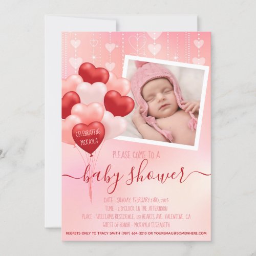 Baby Shower Pink Valentine Hearts Balloons Photo Invitation