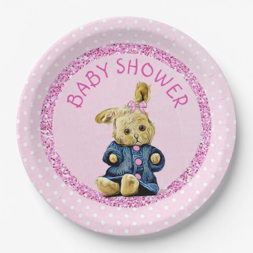 Baby Shower Pink Vintage Bunny Rabbit Paper Plates