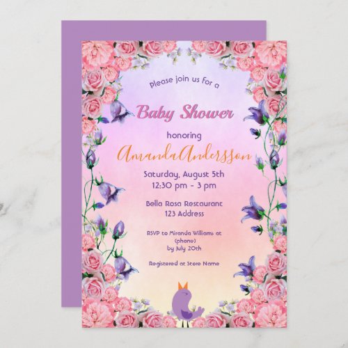 Baby shower pink violet garden floral bird invitation