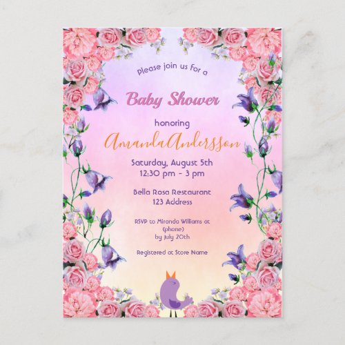 Baby shower pink violet garden floral bird invitation postcard