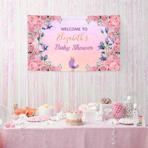 Baby Shower pink violet garden florals Banner