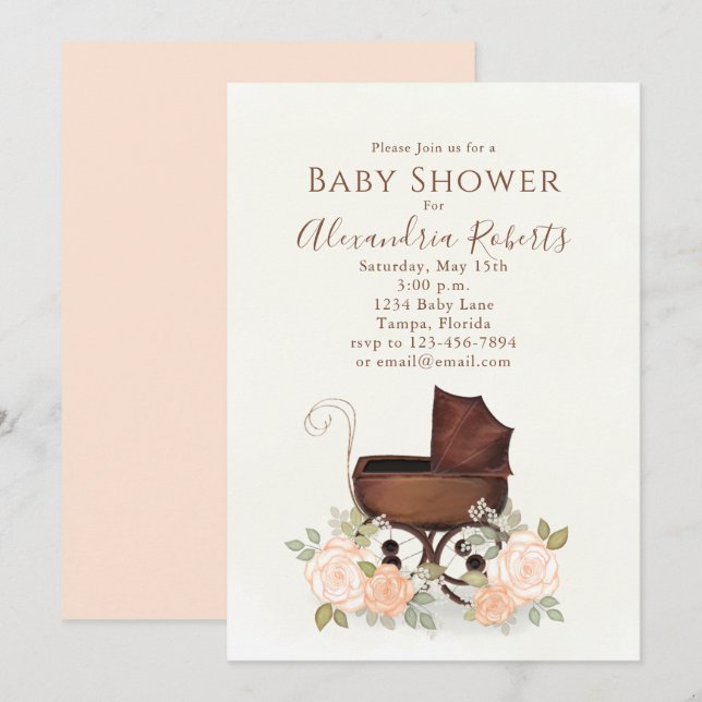 Baby Shower Pink Watercolor Elegant Floral Buggy Invitation (Front/Back)