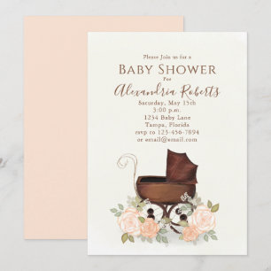 Baby Shower Pink Watercolor Elegant Floral Buggy Invitation