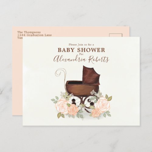 Baby Shower Pink Watercolor Elegant Floral Buggy Postcard