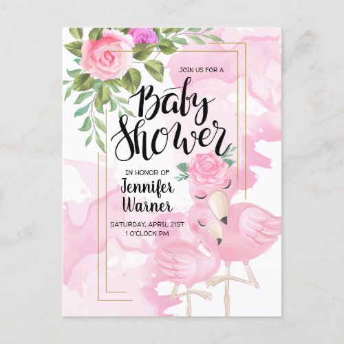 Baby Shower  Pink Watercolor Flamingo Invitation Postcard