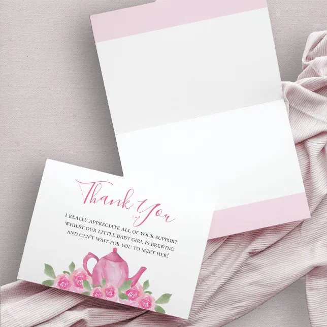 Baby Shower Pink Watercolor Floral Teapot Thank You Card | Zazzle