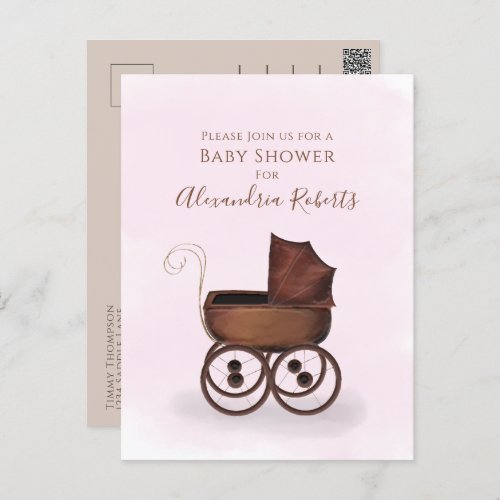 Baby Shower Pink Watercolor Girl Baby Carriage Postcard