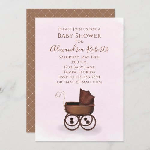 Baby Shower Pink Watercolor Girl Vintage Carriage Invitation