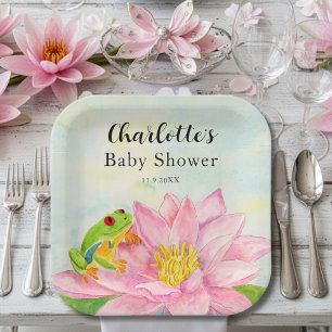 Baby Shower Pink Waterlily & Tree Frog Paper Plates