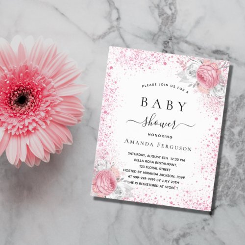 Baby shower pink white glitter girl invitation