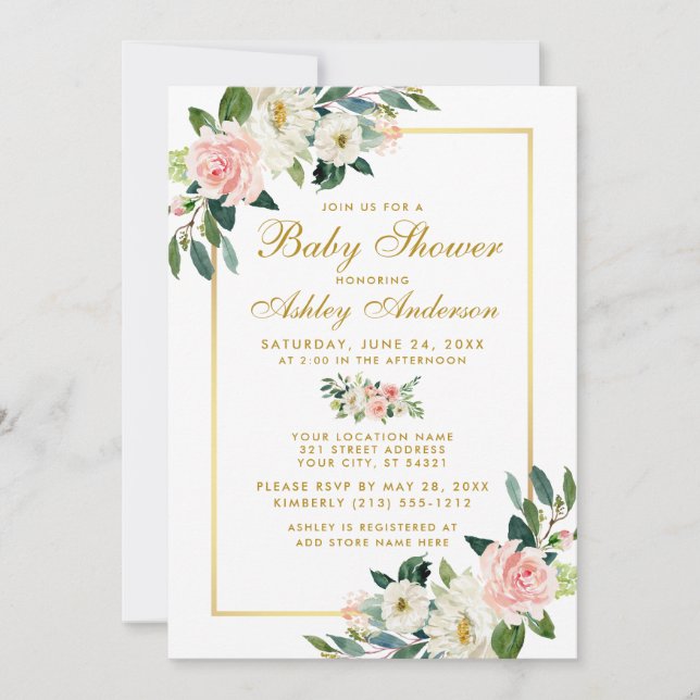 Baby Shower Pink White Gold Floral Invitation (Front)
