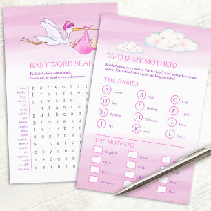 Baby shower pink word search baby match game flyer