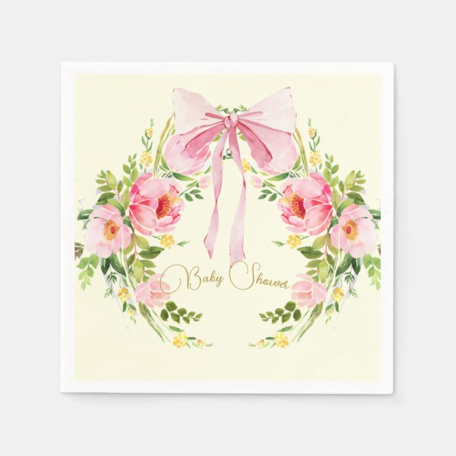 Baby Shower Pink Yellow Floral Crest Regency Bow  Napkins (Front)