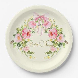 Baby Shower Pink Yellow Floral Crest Regency Bow Paper Plates