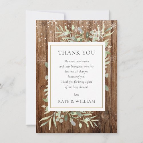 Baby Shower Poem Leaves Greenery Rustic Wood Thank You Card