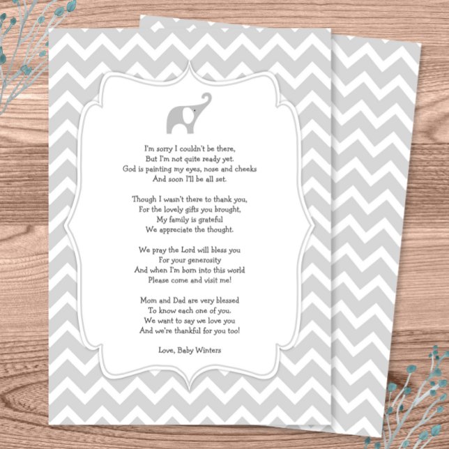 Baby shower poem thank you notes, gray elephant invitation (Creator Uploaded)
