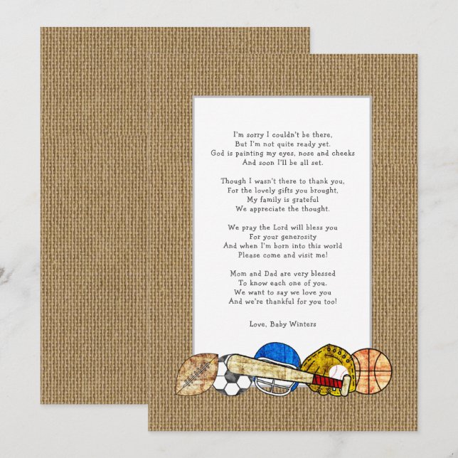 Baby shower poem thank you notes, rustic sports invitation (Front/Back)