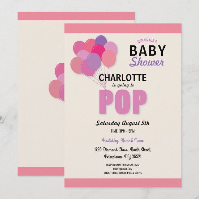 Baby Shower POP Balloon Pink Girl Sprinkle Fun s Invitation (Front/Back)