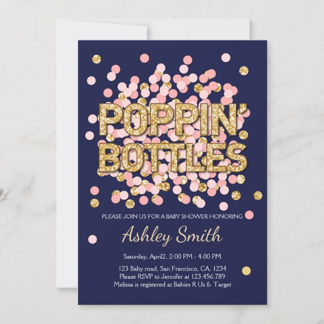 Baby Shower Poppin Bottles Confetti Navy Pink Invitation (Front)