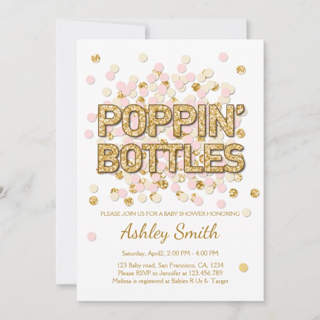 Baby Shower Poppin Bottles Confetti Pink Gold Invitation (Front)
