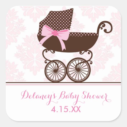 Baby Shower Pram Pink Damask Labels