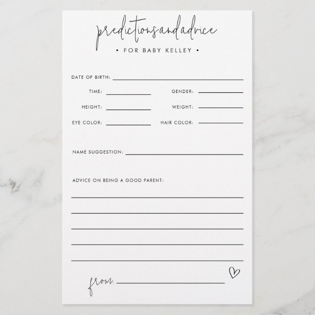 Baby Shower Prediction & Advice Paper Card (Front)