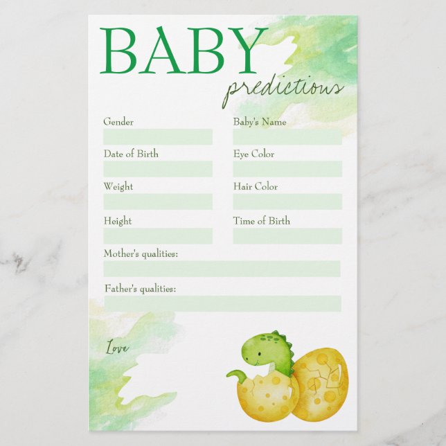 Baby shower prediction game hatching soon dino egg stationery (Front)