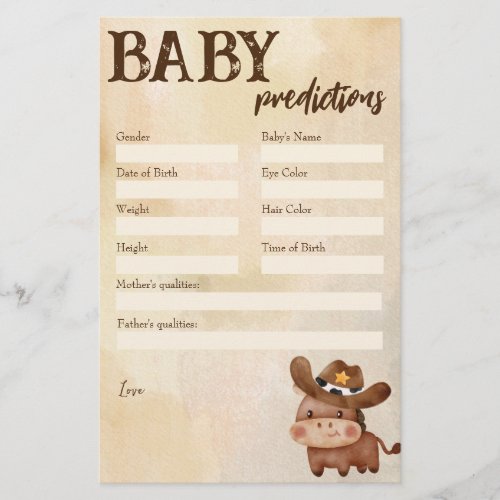 Baby shower prediction game little cowboy stationery