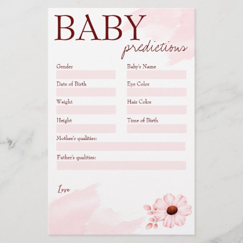 Baby shower prediction game pink for a baby girl stationery