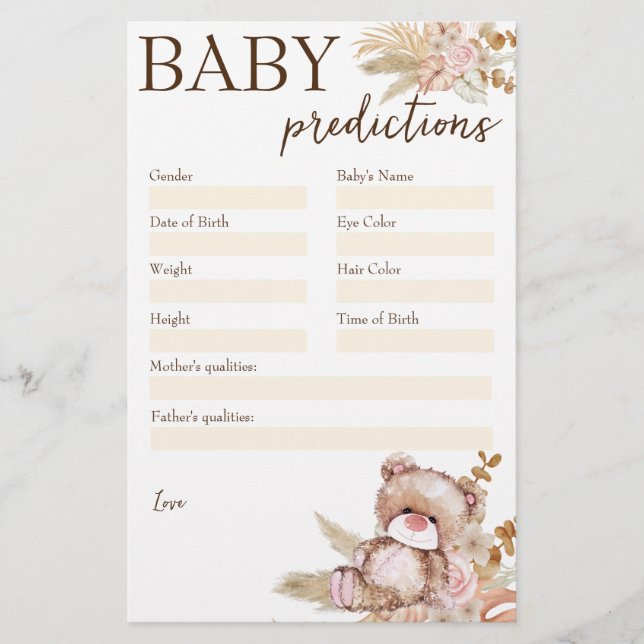 Baby shower prediction game teddy bear stationery (Front)