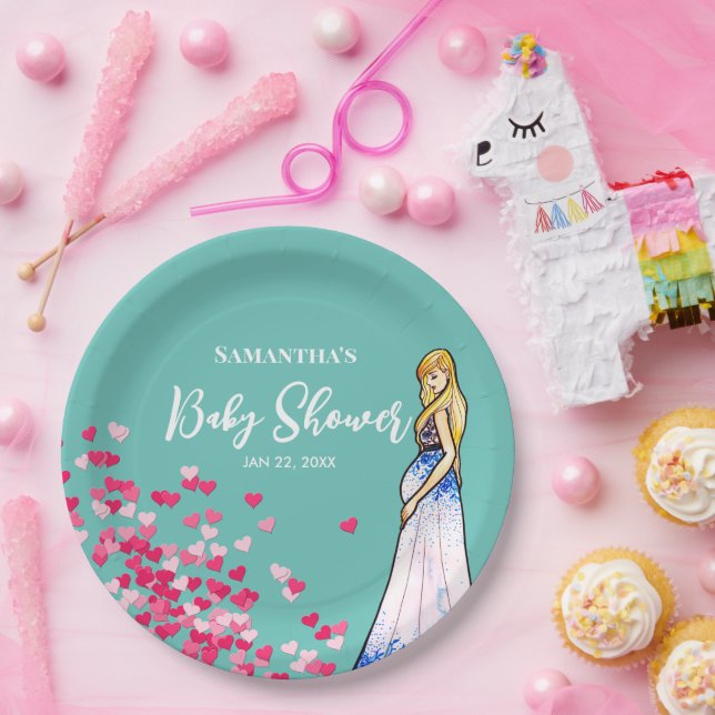 Baby Shower Pregnant Lady in Long Dress Hearts  Paper Plates (Party)