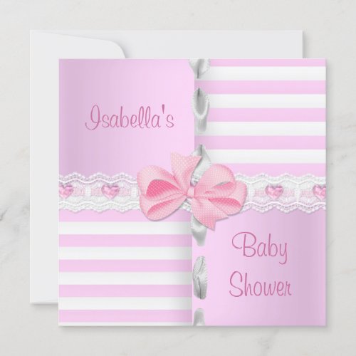 Baby Shower Pretty Satin Pink White Stripe Bow Announcement