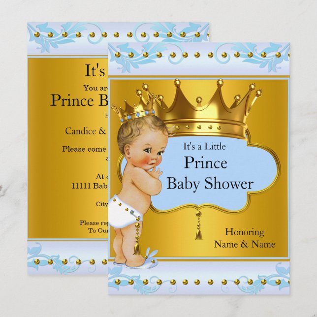 Baby Shower Prince Boy Blue Gold Crown Blonde Invitation (Front/Back)