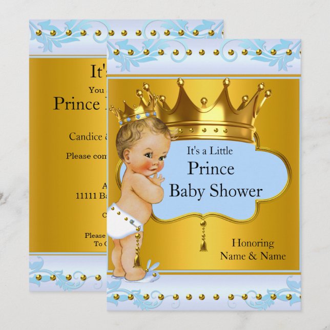 Baby Shower Prince Boy Blue Gold Crown Blonde Invitation (Front/Back)