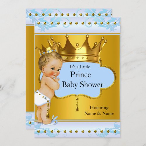 Baby Shower Prince Boy Blue Gold Crown Blonde Invitation