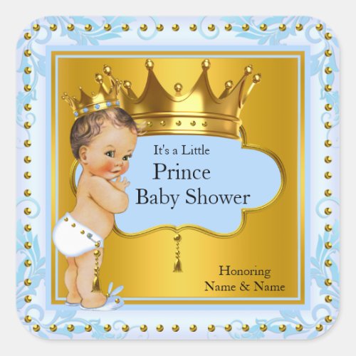 Baby Shower Prince Boy Blue Gold Crown Brunette Square Sticker