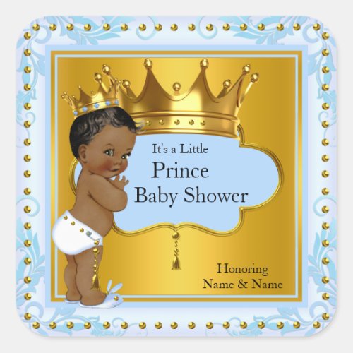 Baby Shower Prince Boy Blue Gold Crown Ethnic Square Sticker