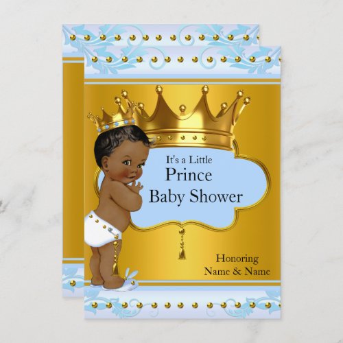 Baby Shower Prince Cute Boy Blue Gold Crown Ethnic Invitation
