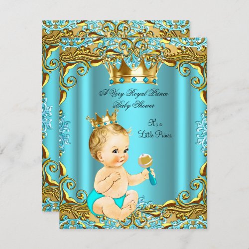 Baby Shower Prince Gold Teal Aqua Blonde Boy Invitation