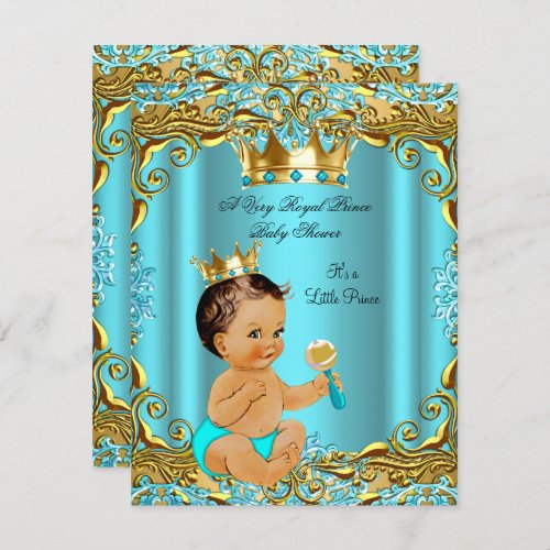 Baby Shower Prince Gold Teal Aqua Brunette Invitation