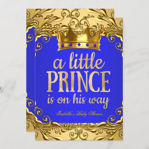 Baby Shower Prince on his way Gold Royal Blue Invitation