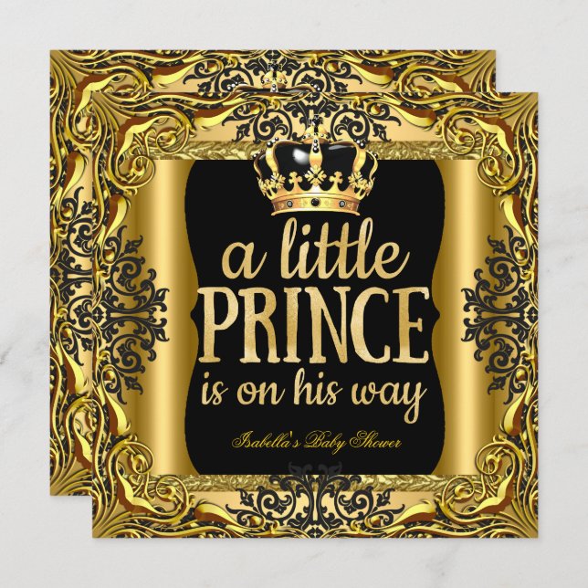 Baby Shower Prince on the way Gold Black Invitation (Front/Back)